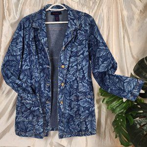 Pre-owned Denim & Co. Women's size Large Denim Blazer with Blue Palm Print